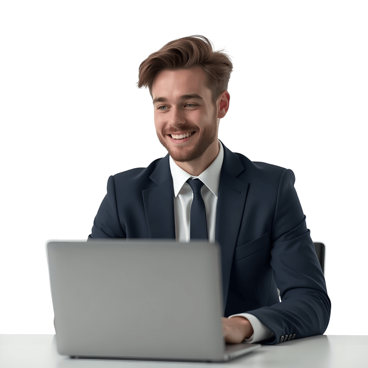 Professional man in a suit working on a laptop.